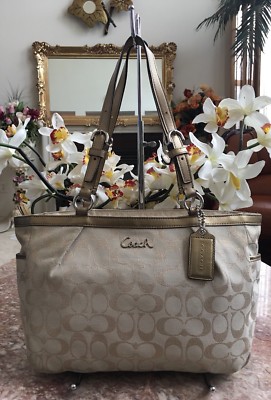 Coach F17724 Gallery Lurex Metallic Gold Khaki Tote Shoulder Bag
