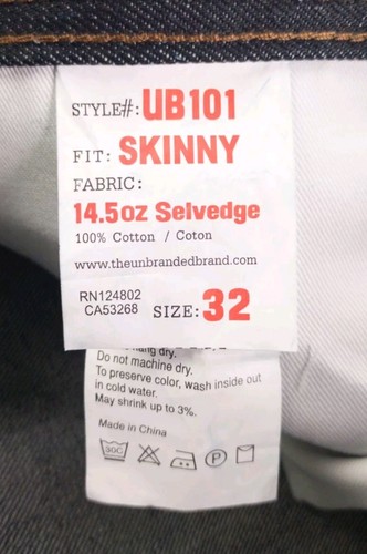 Unbranded Brand UB101 14.5 oz Selvedge Dark Wash Jeans Skinny Fit Size 32x34 NWT - Afbeelding 9 van 10