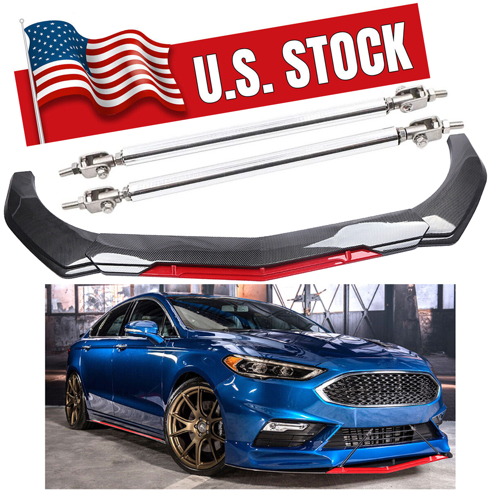 Front Bumper Lip Spoiler Splitter Body Kits Strut Rod Carbon For Ford Fusion