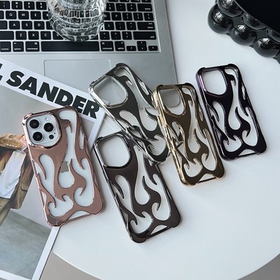 For iPhone 16 15 Plus 14 13 Electroplat Glossy Openwork Flame Pattern Back Case