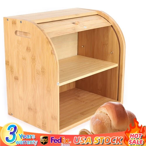 2-Layer Bread Box Bread Keeper Bamboo Wood With Lid Kitchen Storage Containers