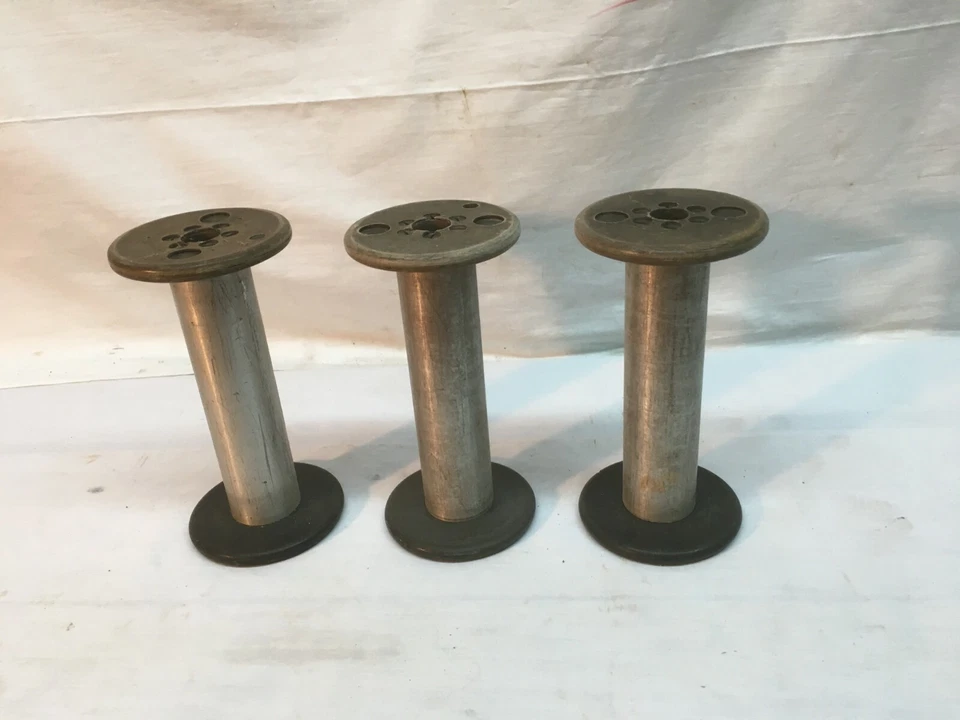 Large Vtg Aluminum Wood Industrial Factory Mill Bobbin Lot 3 Spools 6.5in tall - Image 2 of 4