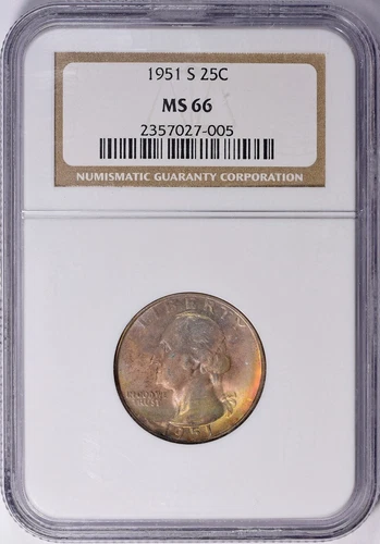1951 S Washington Quarter NGC MS66 Toned