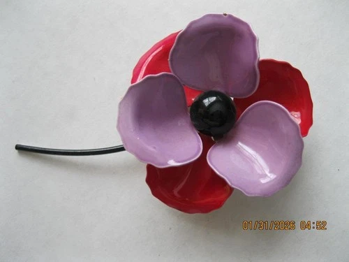 Vintage Costume Jewelry Brooch/Pin 1960's Large Enamel Flower Purple & Red Poppy