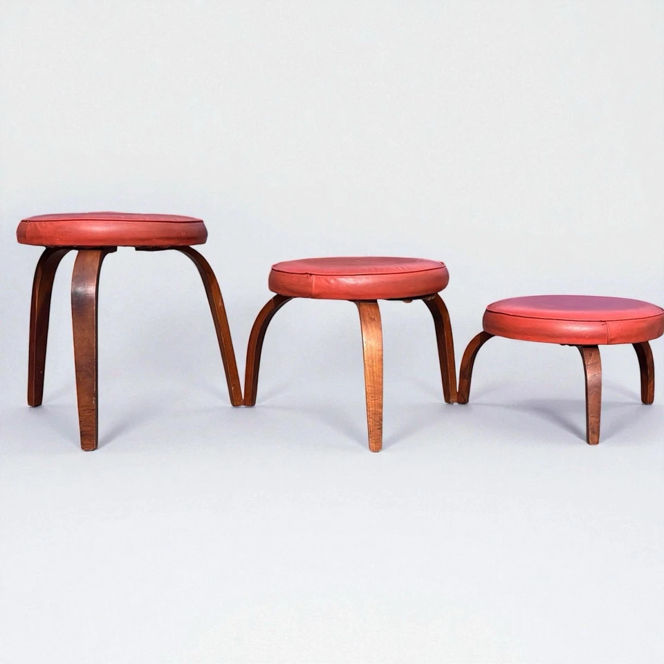 3 Vintage MCM Thonet Bentwood Nesting Stools Mid Century Stacking Orange Vinyl - Image 4 of 4