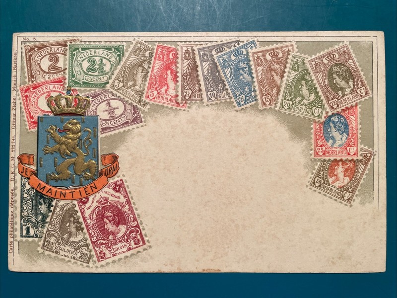 OTTMAR ZIEHER Netherlands STAMPS Postcard w/ Crest & Map, early 1900s, Embossed