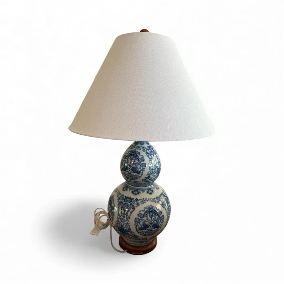 Ralph Lauren 26" Large Table Lamp Porcelain With Shade Floral Koi Blue & White - Image 2 of 4