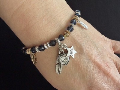 Bibi Feder Charm blau facettierte Glasperlen gold & silberfarben Stretch Armband