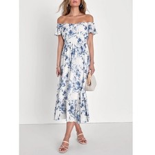 Lulus Delightfully Sweet Midi Dress Womens Small White Floral Off-the-Shoulder