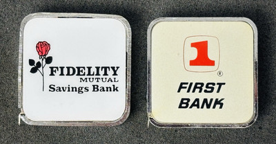 Lot Of 2 Vintage Barlow Advertising Tape Measures- First Bank & Fidelity Mutual