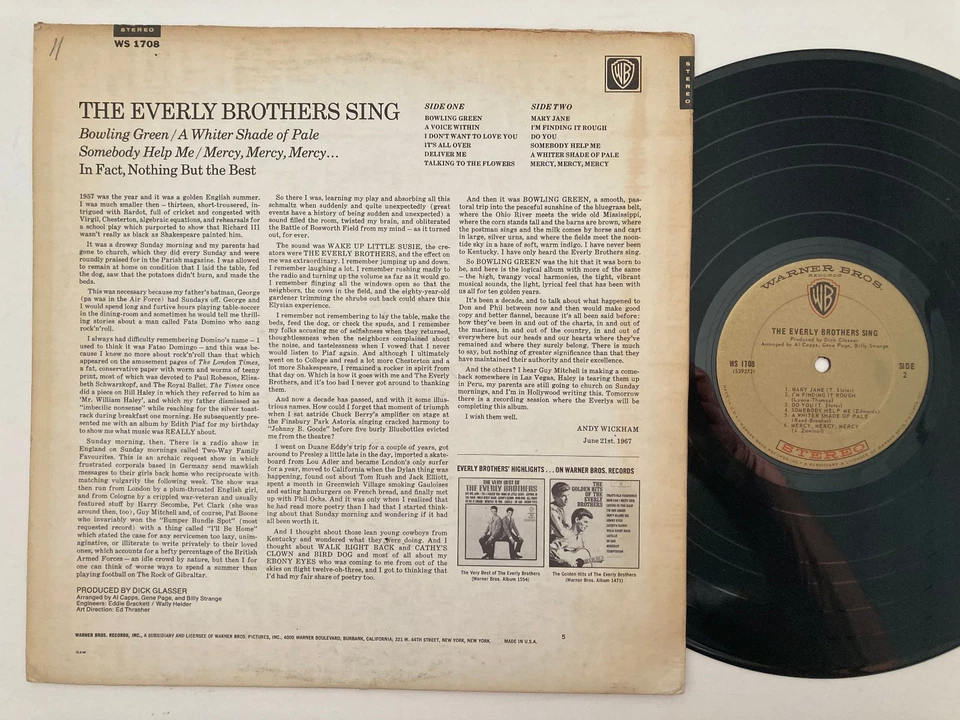 The Everly Brothers – The Everly Brothers Sing LP - 1967 - EX/VG - Image 2 of 2