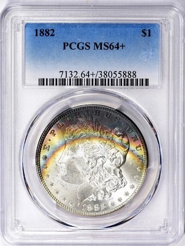 1882-P PCGS MS64+ (Plus) Morgan Dollar w/ Breathtaking Rainbow Crescent Toning