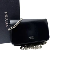 PRADA Enamel Patent Leather Chain Sholder Bag Black BK Authentic Used JP