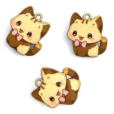 10 Kawaii Cat Charms Brown Pink Bow Enamel 21x20mm Gold Jewelry Finding Drops
