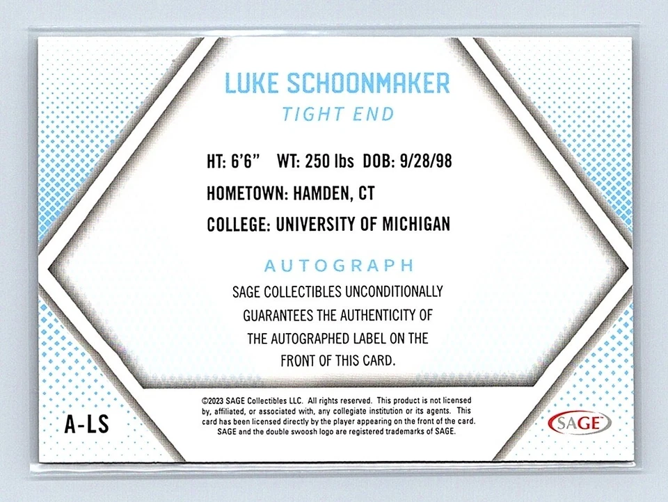 2023 Sage football gold autograph Luke Schoonmaker # ALS SN 24/100 - Image 2 of 2