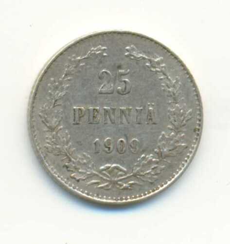 Finland under Russia Silver 25 Pennia 1909 XF+ - Picture 1 of 2