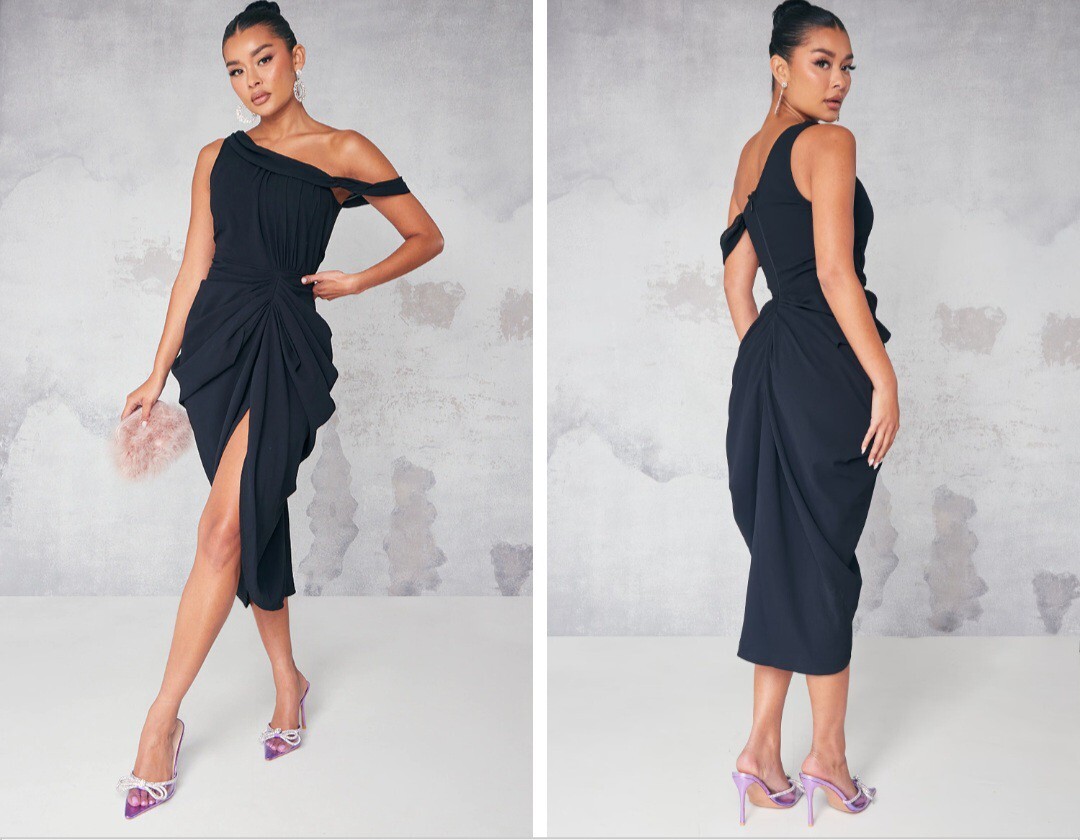 Pretty Little Things Black Chiffon Asymmetric Strap Draped
