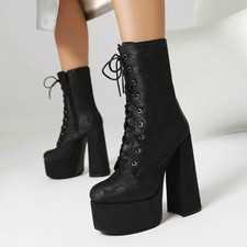 Platform Lace Up 14.5cm Very High Block Heel Ankle Boots Womens Stylish Shoes sz