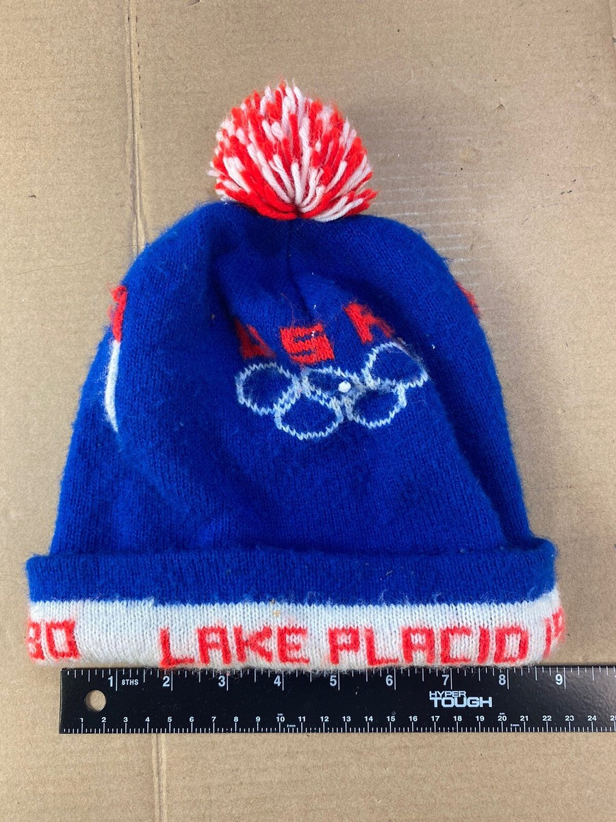 Vintage 70s 80s Lake Placid Beanie Sock Hat Hockey Ski Snow Winter