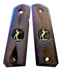 1911 Full Size Double Diamond Gold Trophy Medallions Checkered Rosewood Grips