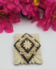 Vtg. Art Deco Carved Celluloid Belt Buckle 1930s-40s Cream Floral w/ Black Beads