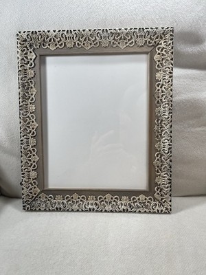 Vtg Ornate Shabby Chic Picture Frame Wood W/ Distressed Metal Filigree Overlay 