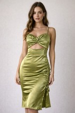 Green Satin Cut Out Asymmetrical Hem Cami Dress Midi Rushed Side Party NWT