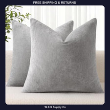 Set of 2 Chenille Throw Pillow Covers 18x18 Grey Soft Decorative Cushion Cases