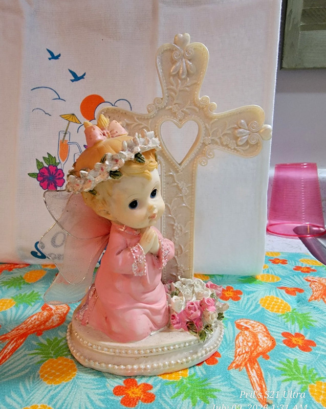 Praying Angel Girl Figurine Pink/White Cross & Flowers Resin/Fabric Matte