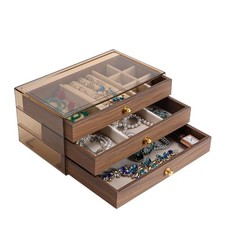 CLUQMEIK 3 Layer Acrylic Case Wooden Drawer Jewelry Organizer with 3 Drawer B
