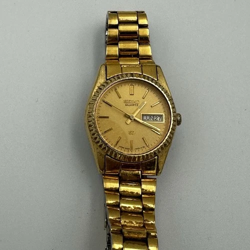 Vintage Seiko Quartz Men’s Watch Gold Tone Day Date Japan 5Y23-8029