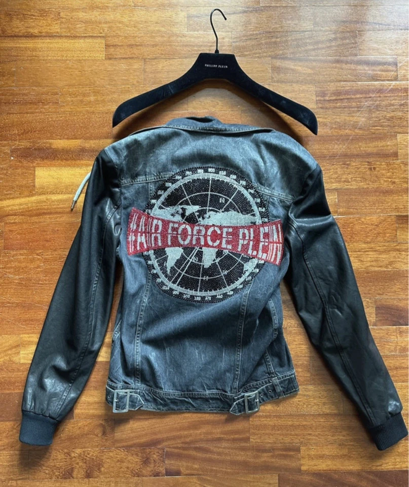 PHILIPP PLEIN Air Force Plein Denim Hoodie Leather Jacket S – Limited Edition – Foto 2 de 4