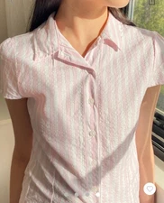 Brandy Melville Pink Stripe Button Up Rue Top Short Sleeve Pajama Blouse