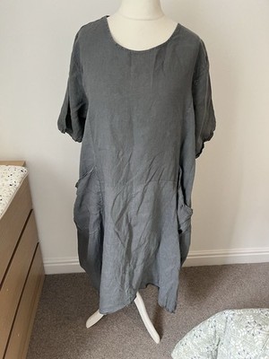 Vera Tucci XL grau Bubble Ballonsaum Kleid Taschen Relaxed Lagenlook 100% Leinen