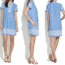 MADEWELL Chambray Sunstitch Tunic Dress Blue White Embroidered Womens Sz S Boho