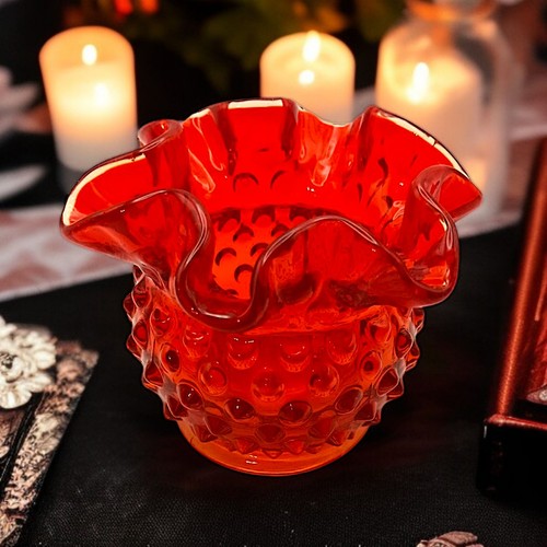 Fenton Glas Amberina Vase Mandarine Schuhnagel gekräuselt Gold Wappen Flourescent Vintage