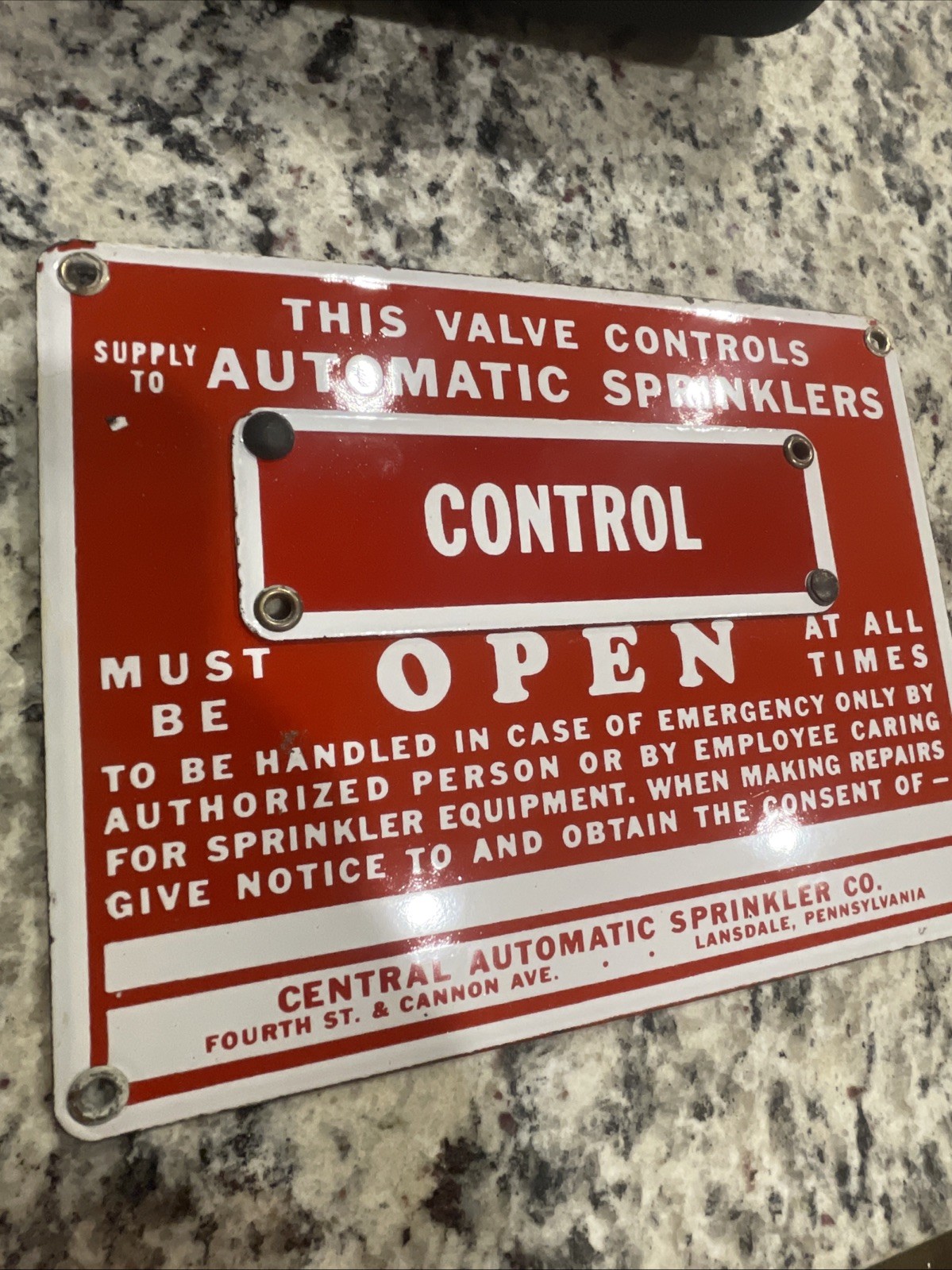 Vintage Fire Sprinkler Control Valve Sign. ￼