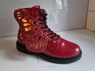 LELLI KELLY FAIRY WINGS BUTTERFLY UK 2 EU 34 MÄDCHEN KINDER ROT LACK STIEFELETTEN