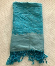 Aqua Blue & White Lace Pattern Pashmina Scarf Fringe Trim Something Blue 68x24in