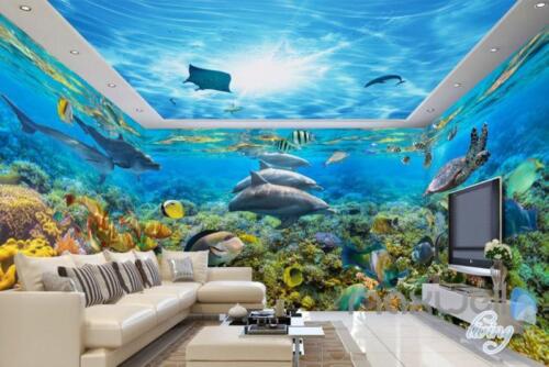 3D Dophins Playing Coral Reef Entire Living Room Bathroom Wallpaper Wall Mural D - Picture 1 of 10