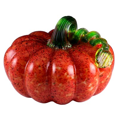 Hand Blown Glass Pumpkin Figurine 7'' Orange Mosaic Ribbed With Curly Green Stem