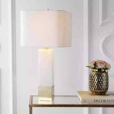 JONATHAN Y Jeffrey 29 in. Brass Gold/White Metal/Marble LED Table Lamp