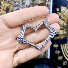 Skeleton Hand Necklace gothic Love Heart Pendant necklace stainless steel