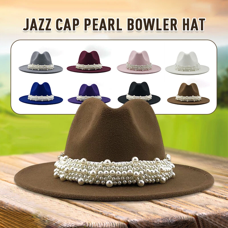 Jazz Fedora Hats with Pearls Band Women Chic Wide Brim Trendy Top Cap Sunhat