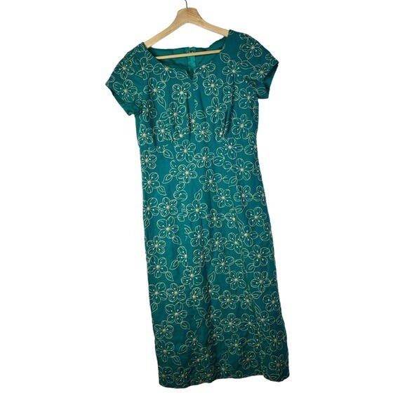 Vintage Teal Blue Cream Floral Embroidered Short Sleeve Midi Sheath Dress 8  | eBay