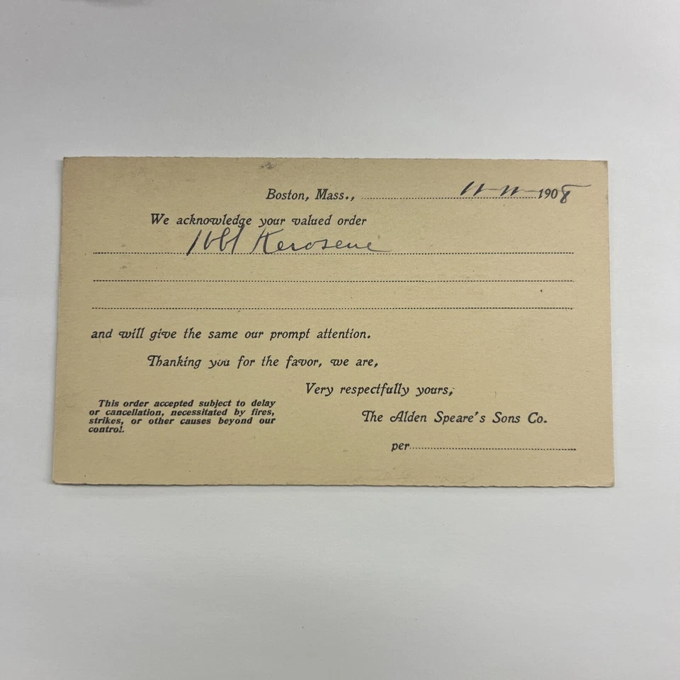 US SC UX19 1908 Boston MA 11-11-08 8PM Alden Speares Preprint Kerosene order#A33 - Image 2 of 2