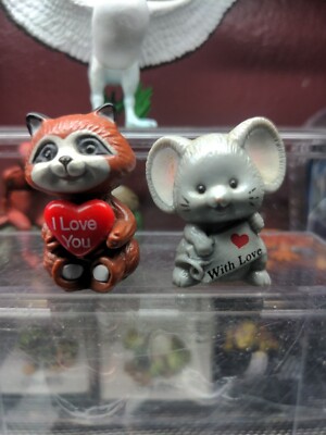 Vintage Russ Berrie & Co ''with Love'' Gray Mouse, ''I love you'' Racoon Figurine 
