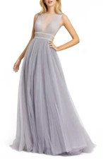Mac Duggal 20188 Illusion Neck Tulle Ball Gown SZ 8   Platinum $498
