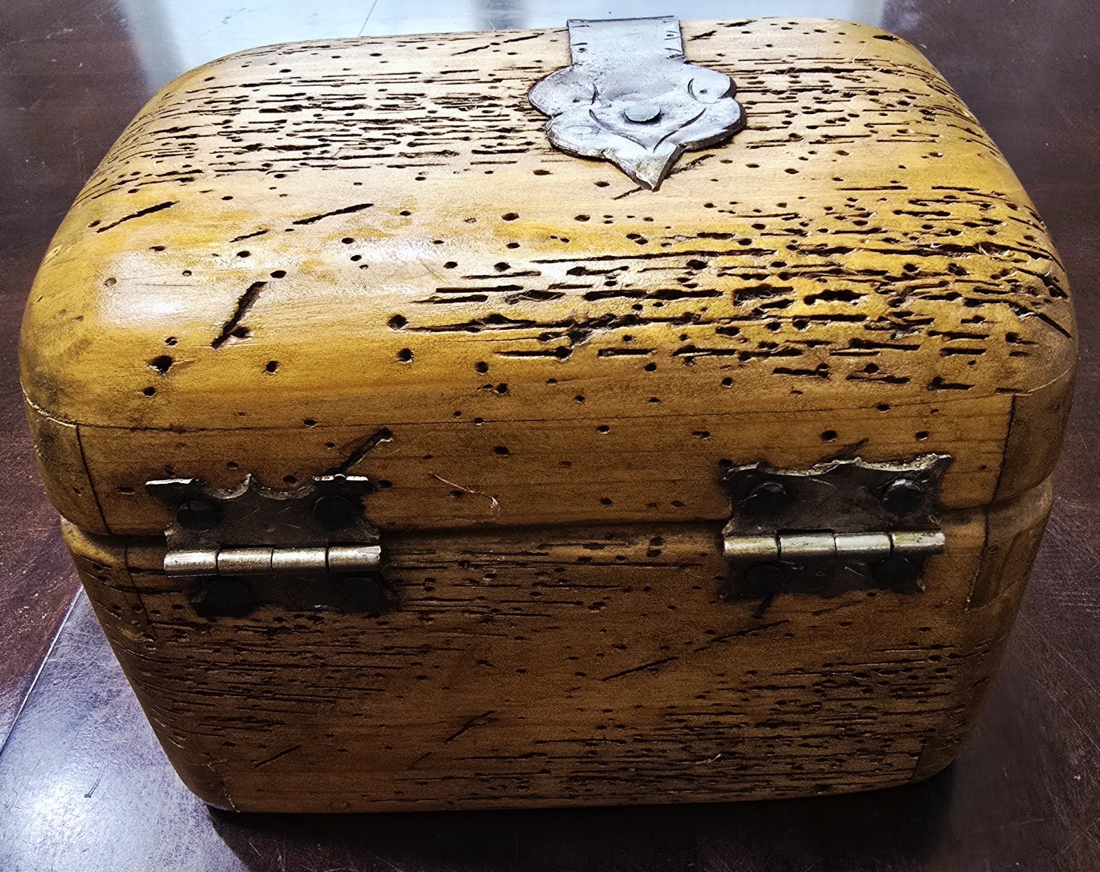 Rare Antique Early Vintage Small Worm Wood Chest Trunk Box