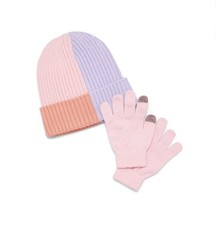 2-Piece WONDER NATION Girls One Size Ribbed Cuffed Beanie Glove Set Color Block